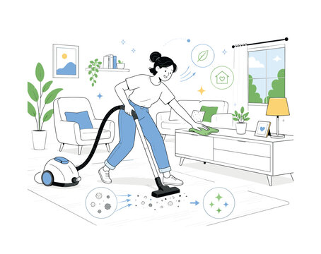 Dust-Free Cleaning Routine. A cheerful homeowner uses a vacuum and microfiber cloth in a neat modern room, with dust icons disappearing into clean sparkling shapes. Light graphic accents emphasize