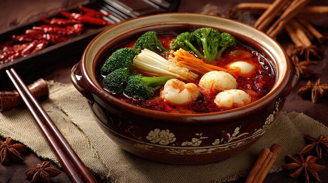 Rich, spicy broth steams with seafood, broccoli, enoki mushrooms, quail eggs