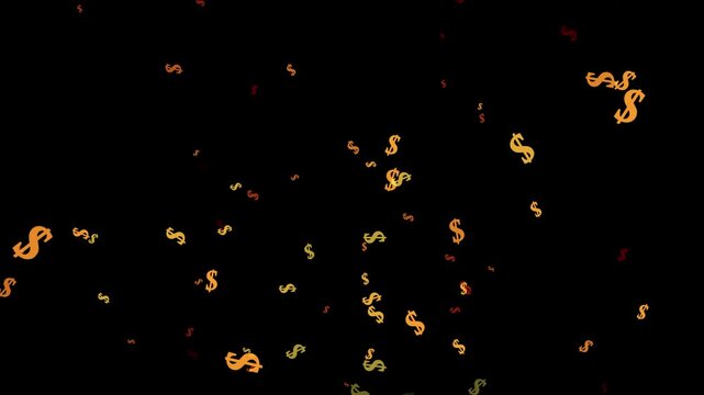 Dynamic colorful dollar sign particles floating across black screen background, vibrant business wealth animation with glowing currency icons seamless loop ultra HD 4K