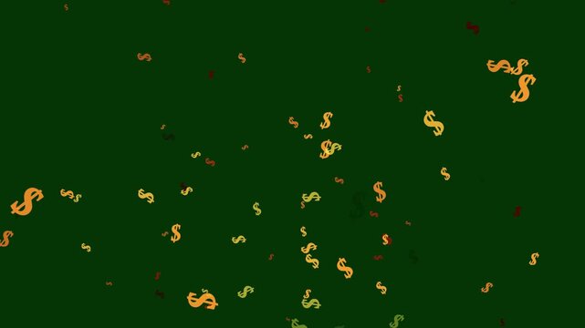 Dynamic colorful dollar sign particles floating across dark green screen background, vibrant business wealth animation with glowing currency icons seamless loop ultra HD 4K