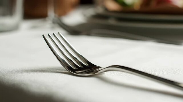 Close-up of metal fork on dining table, silver fork on dining table