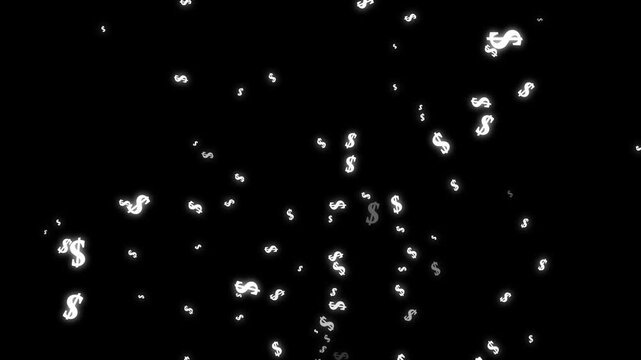 White dollar sign symbols floating randomly across on soild black screen background, luxury finance animation with glowing currency icons, wealth concept motion graphics seamless loop 4K