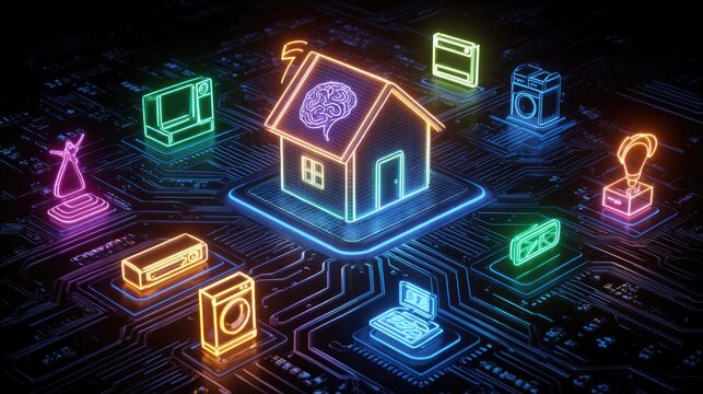 Neon smart home devices connect to a central house with a glowing brain