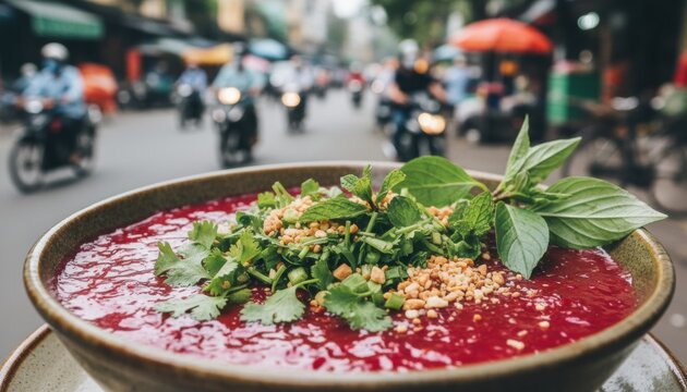 Tiet canh traditional Vietnamese raw blood soup with peanuts and fresh herbs served on busy street in Hanoi Vietnam