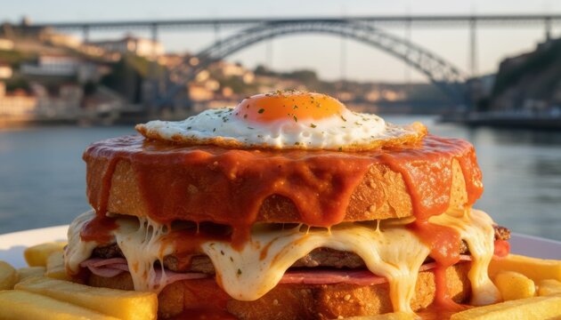 Francesinha sandwich with melted cheese tomato sauce fried egg and french fries in front of Dom Luis I Bridge in Porto Portugal
