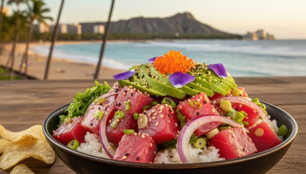 Poke bowl with raw ahi tuna avocado onion and fish roe over rice with scenic Diamond Head beach background in Honolulu Hawaii