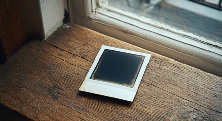 Fototapeta premium Empty instant photo frame rests on a weathered wooden windowsill