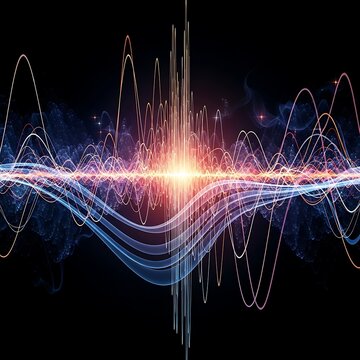 Abstract digital sound wave visualization with neon glow.