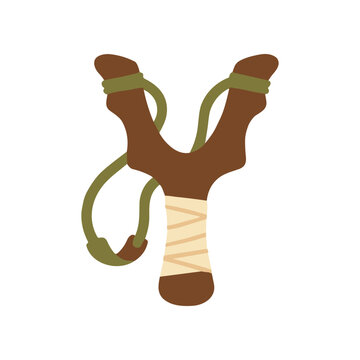 Brown wooden slingshot with green bands.