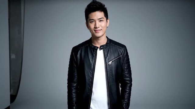 Men's leather clothing styling posing materials, fashionable men's leather clothing photos