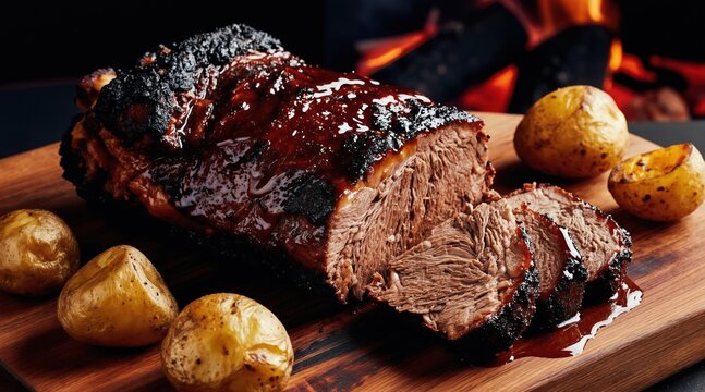 Smoky barbecue chuck roast meat glistening with sauce. Whole roasted potatoes surround cooked beef on wooden board. Fire glows in background, indicating outdoor cookout.