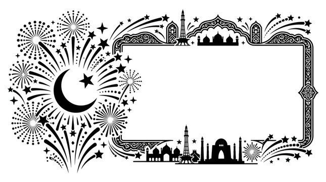 Islamic celebration frame with fireworks and mosque silhouettes.