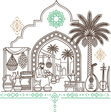Saudi Heritage Market Traditional Culture Line Art Vector Illustration