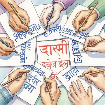 Diverse Hands Writing Devanagari Script on Paper Sheets.