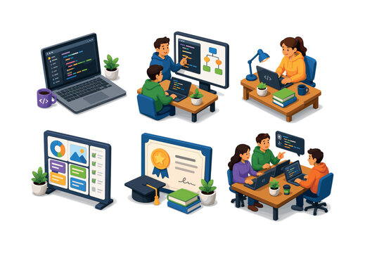 Coding bootcamps. Isometric flat vector icons set of Coding bootcamps: laptop with code editor, mentor teaching at screen, student desk setup, project dashboard board, graduation certificate,