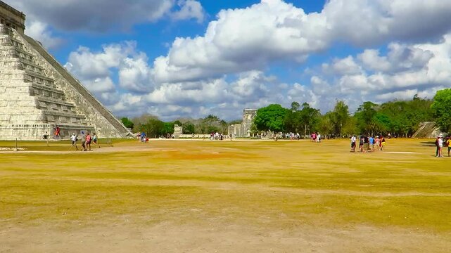 Chichen Itza, Mexico. El Castillo mayan (Kukulcan) pyramid in Mexico. Mexican historical indian monument. Mayan ruins, travel footage.