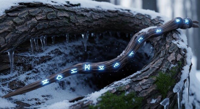 Magic wand with glowing runes rests on a snow-covered tree trunk in a winter forest.