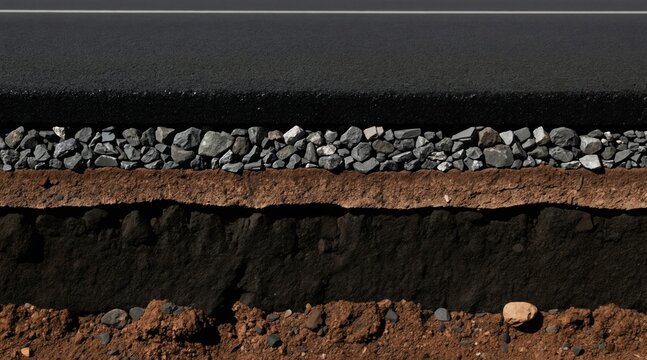 Cross section of asphalt road layers. Shows construction materials like gravel and dirt. Useful for infrastructure geology and earth science education.