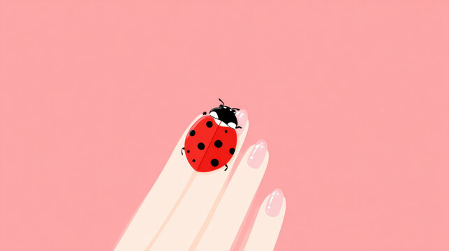 Good luck, A flat illustration of a ladybug on a hand symbolizing good luck and positivity.