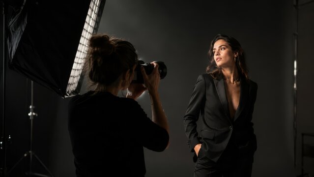 Studio Photographer Shooting Fashion Model with Professional Lighting Equipment
