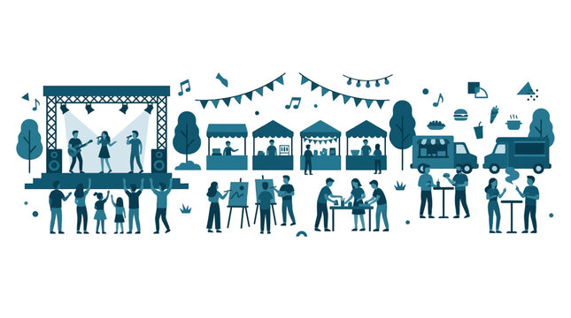 Outdoor music festival with food trucks and art stalls illustration.