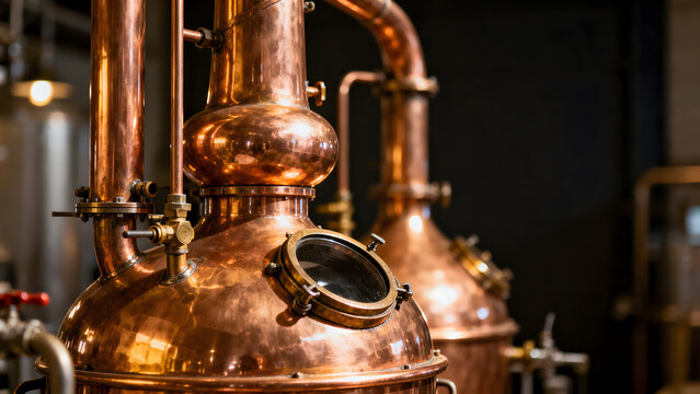 alembic. Detailed copper alembic still with polished pipes in warm light. bar promotions, beverage menus, packaging labels, designed for product packaging and bar promotions, used by professors.