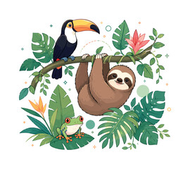 Fototapeta premium Rainforest animals. A toucan, sloth, and small tree frog appear among broad tropical leaves and soft decorative shapes, forming a calm wildlife editorial scene. The composition feels lush, friendly,