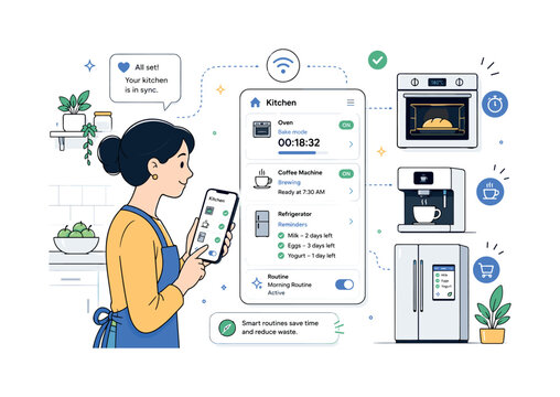 Smart kitchen routine. A person manages an oven timer, coffee machine, and refrigerator reminders through a connected home interface. Smooth daily workflow, helpful automation, warm household scene.