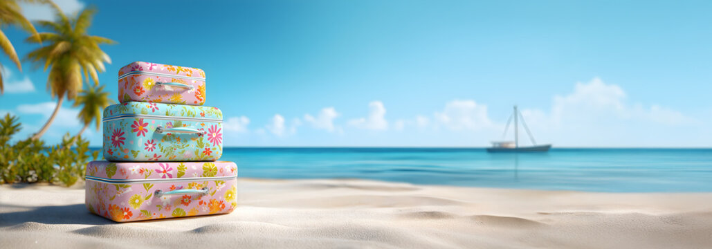 Banner of three suitcases decorated with pretty flowers placed on a fine sandy beach with the blue sea in the background, a sailboat and a few palm trees. Ready for summer vacation. Copy space 