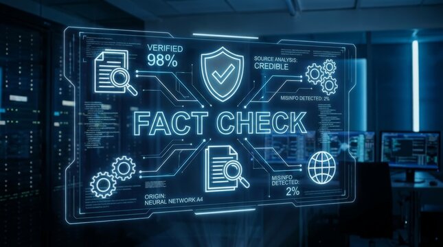 Digital fact check interface with data and statistics in dark server room.