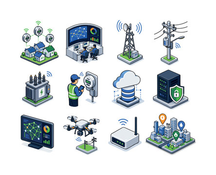 Smart utility infrastructure. Colorful isometric vector icons set of smart utility infrastructure: neighborhood meter network, utility control center, data transmission tower, smart electricity pole,