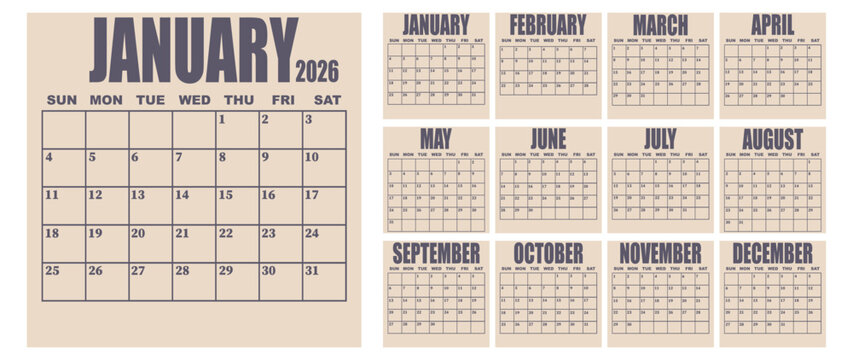 Vector illustration. Calendar for 2026. Week starts on Sunday. Calendar ready for printing. Has 12 months. Stationery design concept.