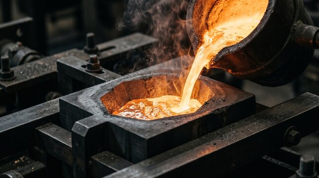 Molten orange metal pouring from a container into a mold inside a foundry factory, heavy industrial metallurgical production process.