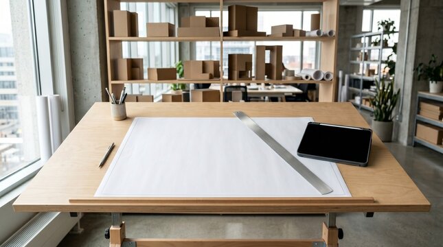 A blank blueprint page with a ruler and a tablet computer on a wooden drafting desk in a modern architectural office, design and engineering workspace.