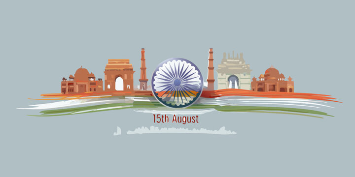 ashoka chakra with indian landmarks vector illustration