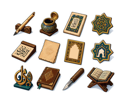 Arabic calligraphy. Colorful isometric vector icons set of Arabic calligraphy: reed qalam pen, decorative ink pot, illuminated manuscript page, geometric arabesque frame, calligraphy practice board,