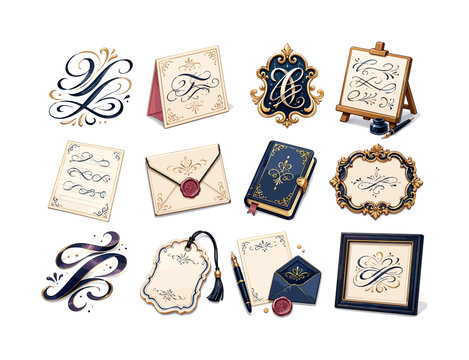 Art of handwriting. Colorful isometric vector icons set of Art of handwriting: elegant flourished letters, handwritten invitation card, ornamental monogram, calligraphy workshop easel, lettering guide