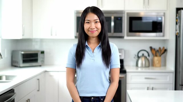 Girl standing smiling in kitchen, smiling woman in kitchen saying hello