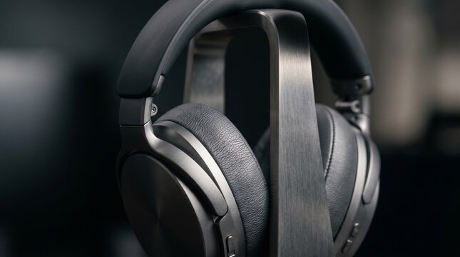 Macro view of black leather earpad and metallic headband of premium headphones on a brushed metal stand, consumer electronics design.