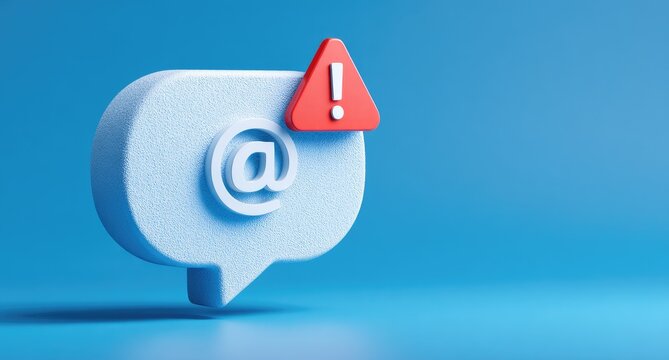 Blue speech bubble with "@" symbol and red warning sign on blue background