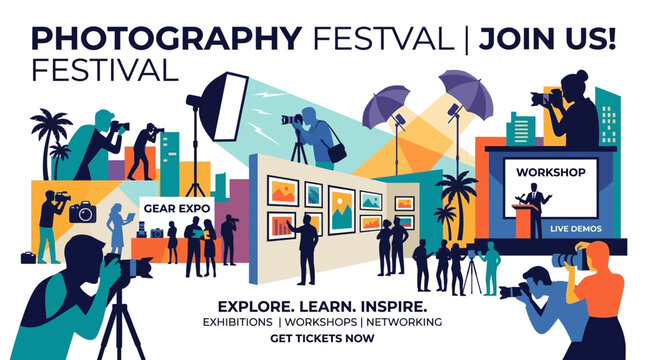 Photography Festival Event Poster with People Taking Photos and Workshop.