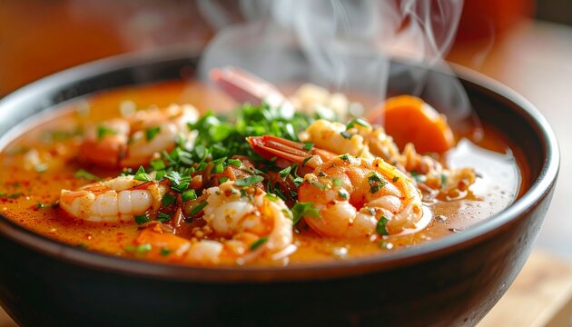 Delicious shrimp soup with herbs.