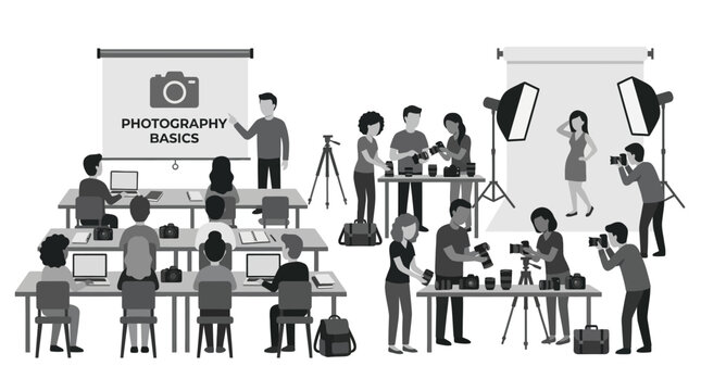Photography workshop classroom scene with instructor and students.
