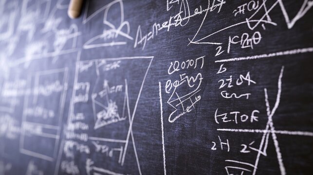 algebra. Chalkboard with complex mathematical equations and diagrams in soft natural light. STEM education sheets, lab safety posters, designed for biotech research communications.