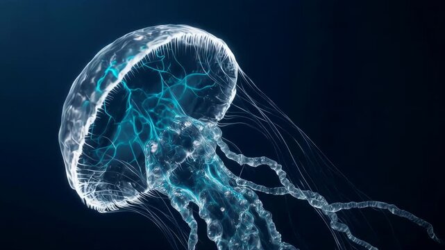 Ethereal transparent fluid mimicking a jellyfish forming an abstract microscopic virus