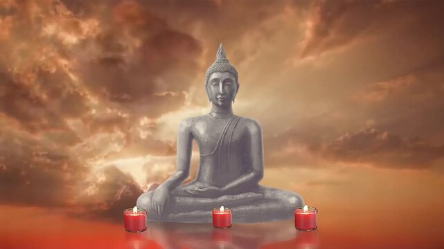 Serene Buddha statue meditating amidst dramatic clouds with sun rays illuminating the scene and three red candles offering a tranquil ambiance