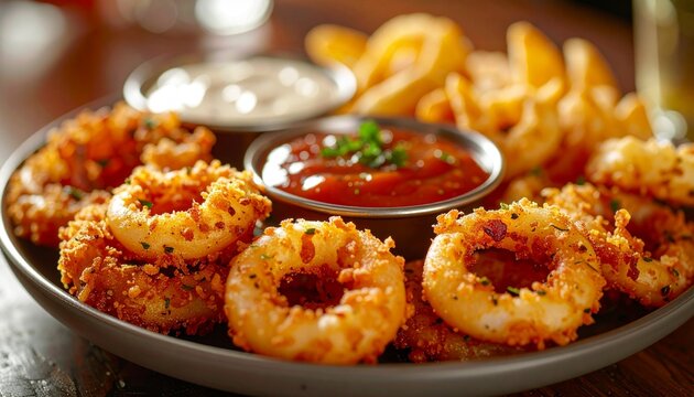 Delicious fried calamari with dipping sauces.