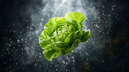 Obraz premium Fresh Butter Lettuce Head with Water Droplets Splashing Against a Dark Background, High-Speed Photography