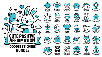 Cute positive affirmation doodle stickers bundle, blue cartoon animal characters with motivational quotes, 30 mental health vector icons © Template 