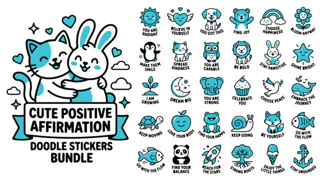 Cute positive affirmation doodle stickers bundle, blue cartoon animal characters with motivational quotes, 30 mental health vector icons